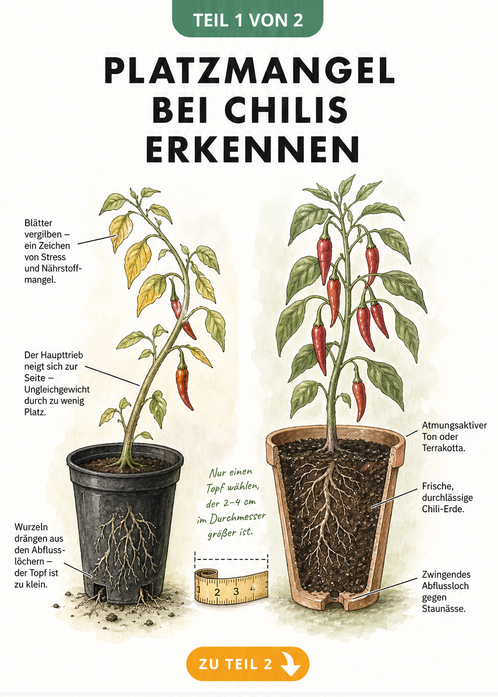 Illustration einer gestressten Chili-Pflanze in einem zu kleinen Topf im Vergleich zu einem idealen, atmungsaktiven Terrakotta-Topf mit frischer Erde.