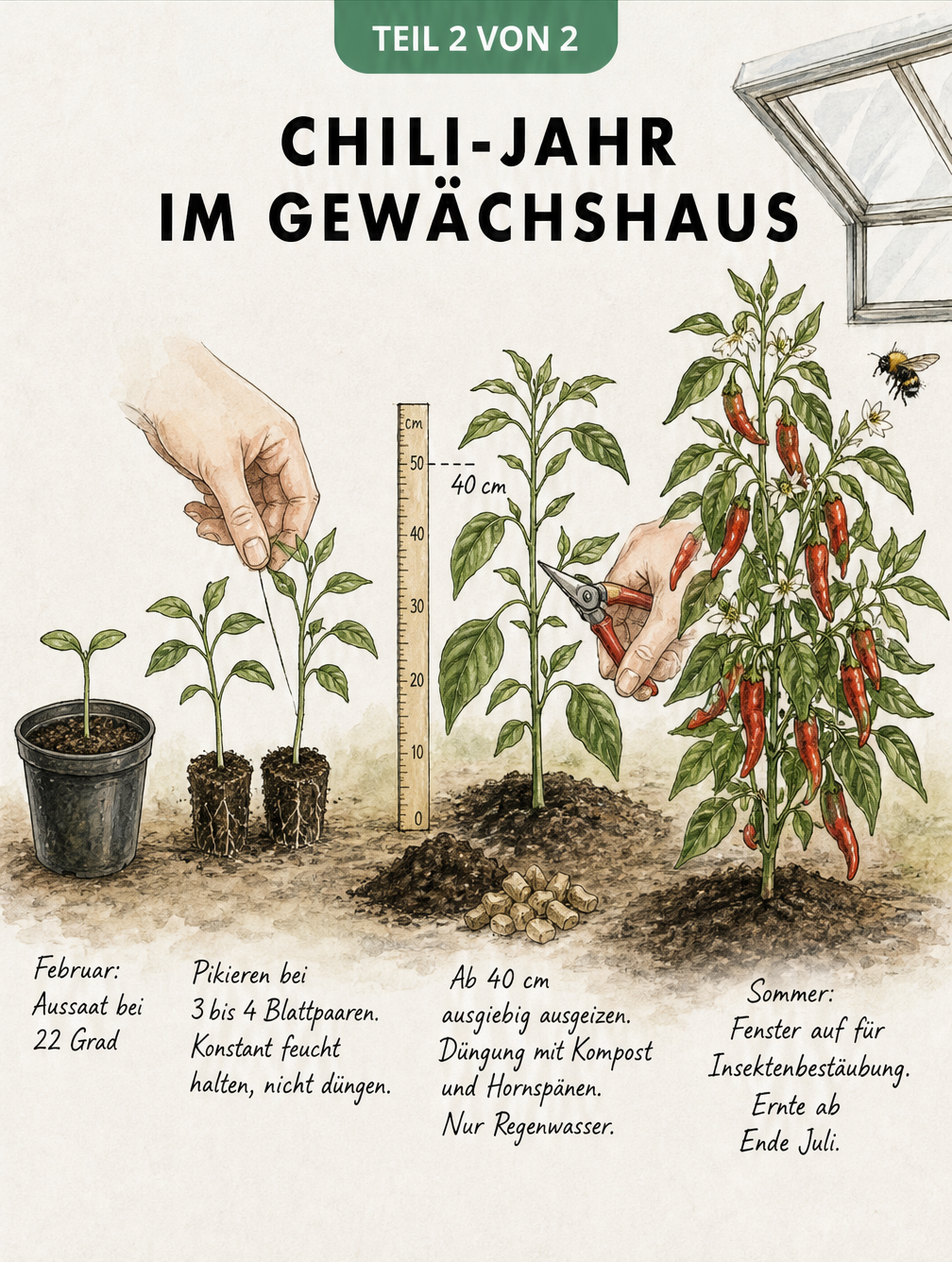 Botanische Illustration der Entwicklung einer Chilipflanze von der Aussaat im Februar bis zur Ernte im Sommer