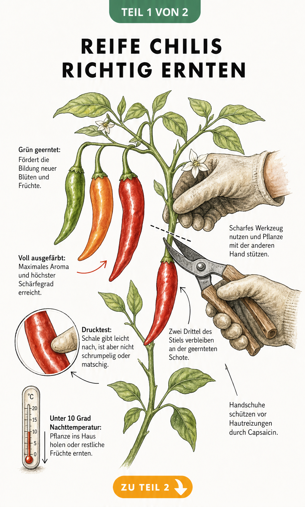 Botanische Illustration einer Chili-Pflanze, die den Reifeprozess von grün über orange zu rot zeigt, sowie den richtigen Ernteschnitt mit einer Gartenschere.