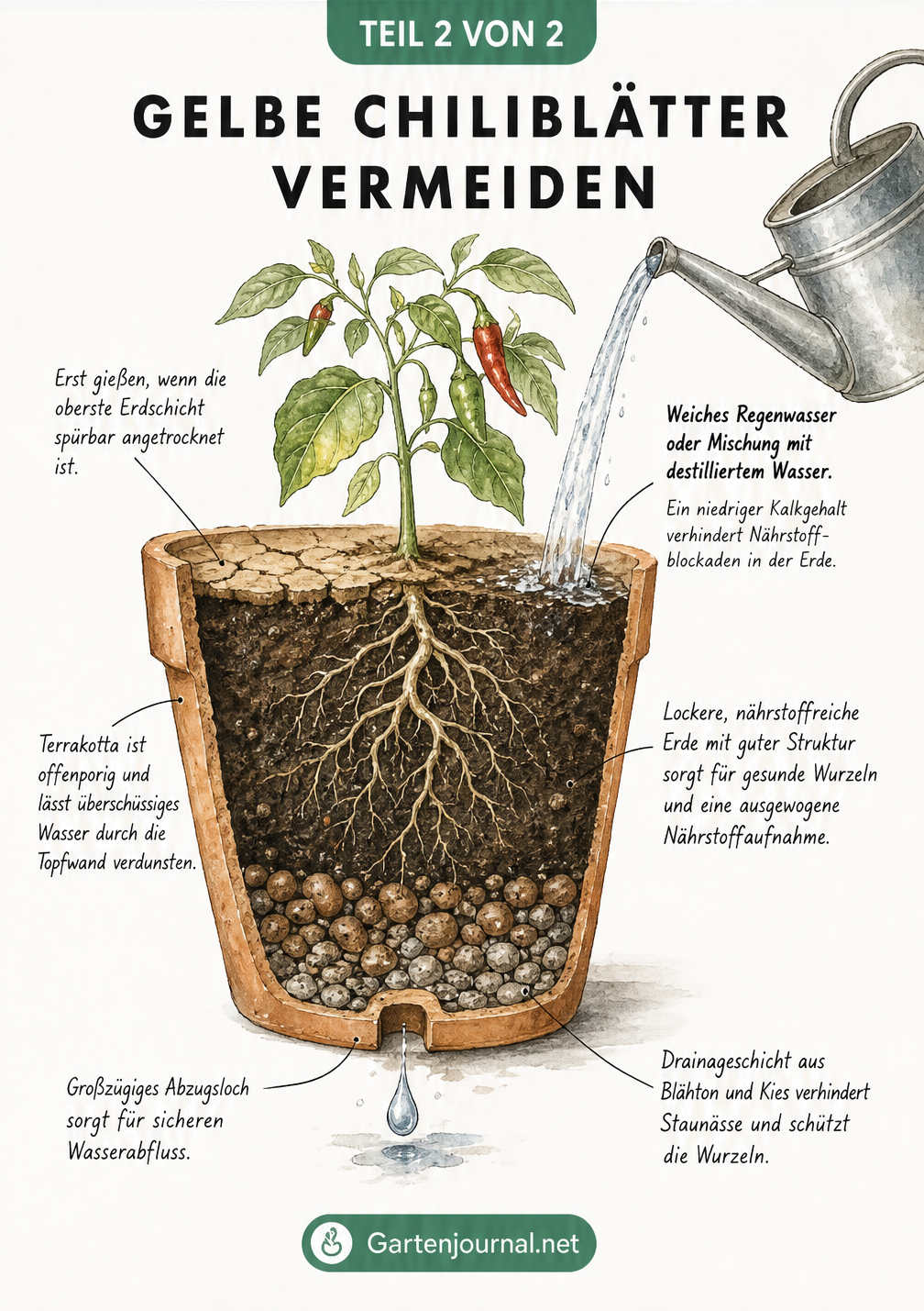 Querschnitt eines bepflanzten Terrakotta-Topfes mit Chili, der eine Drainageschicht aus Blähton, ein Abflussloch und das Gießen mit weichem Regenwasser aus...