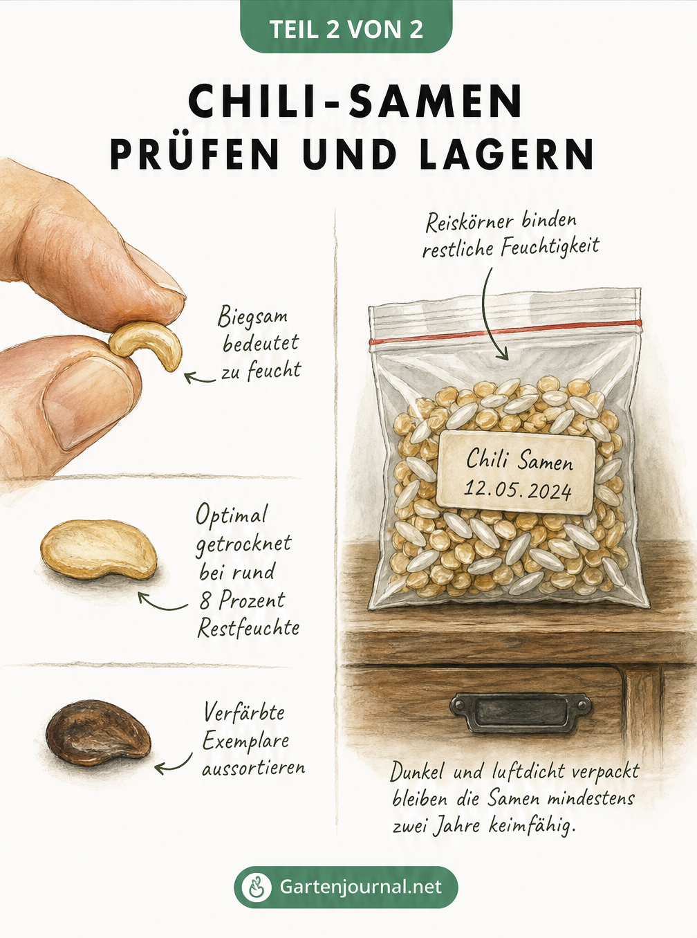 Illustration eines Feuchtigkeitstests für Chili-Samen und deren Lagerung in einem luftdichten Beutel mit Reis.