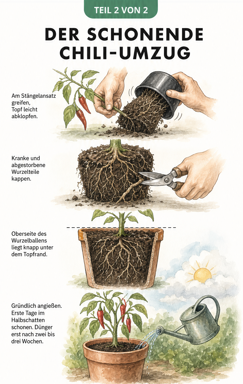 Schritt-für-Schritt-Zeichnung zum schonenden Umtopfen einer Chili-Pflanze: Austopfen, kranke Wurzeln entfernen, richtiges Einsetzen und Angießen.