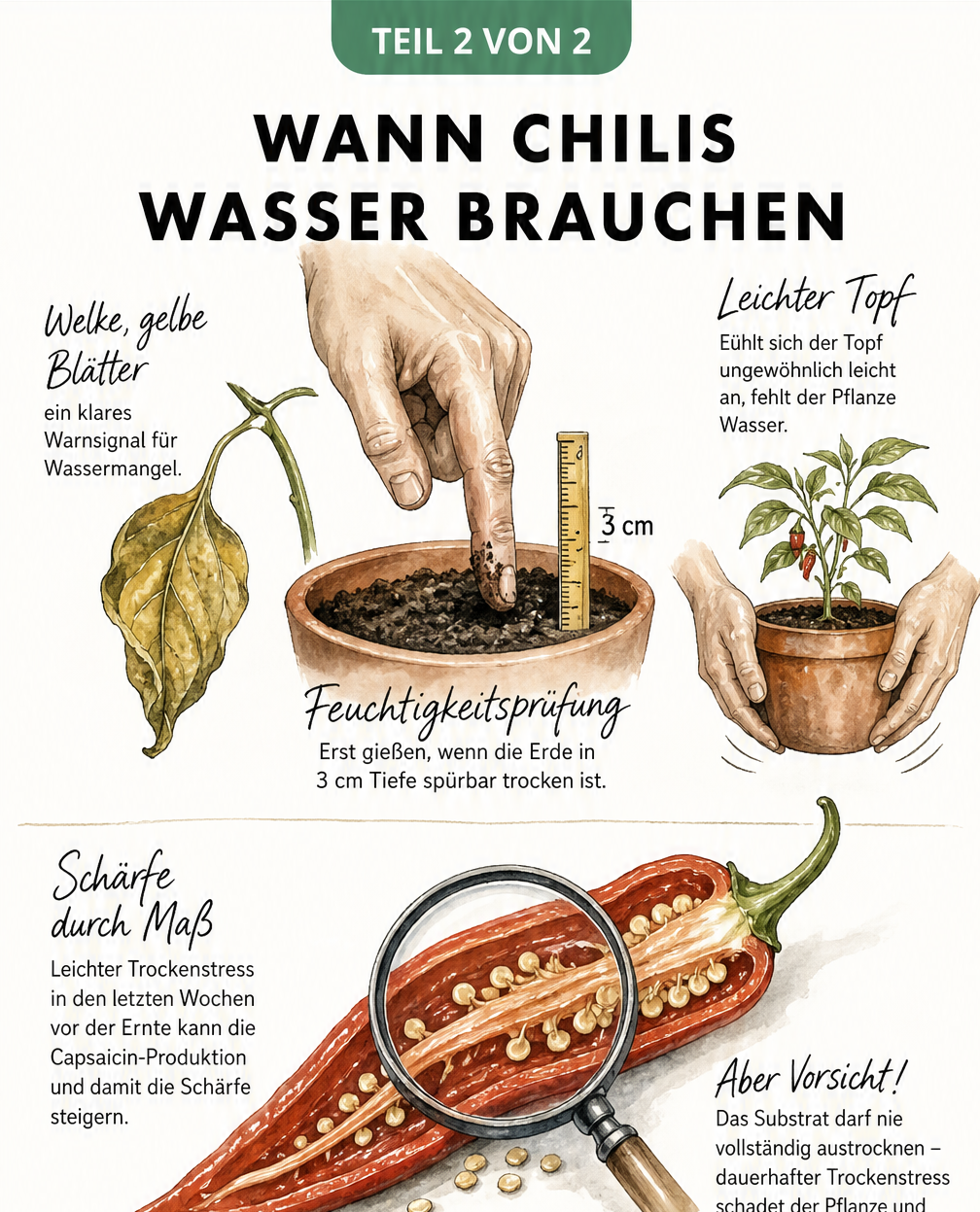 Botanische Illustration zur Feuchtigkeitsprüfung bei Chilipflanzen mit Finger in der Erde und welkenden Blättern