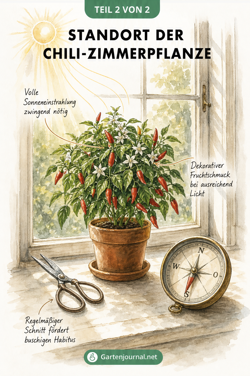 Illustration einer buschigen Chilipflanze mit Blüten und roten Schoten auf einer sonnigen Fensterbank