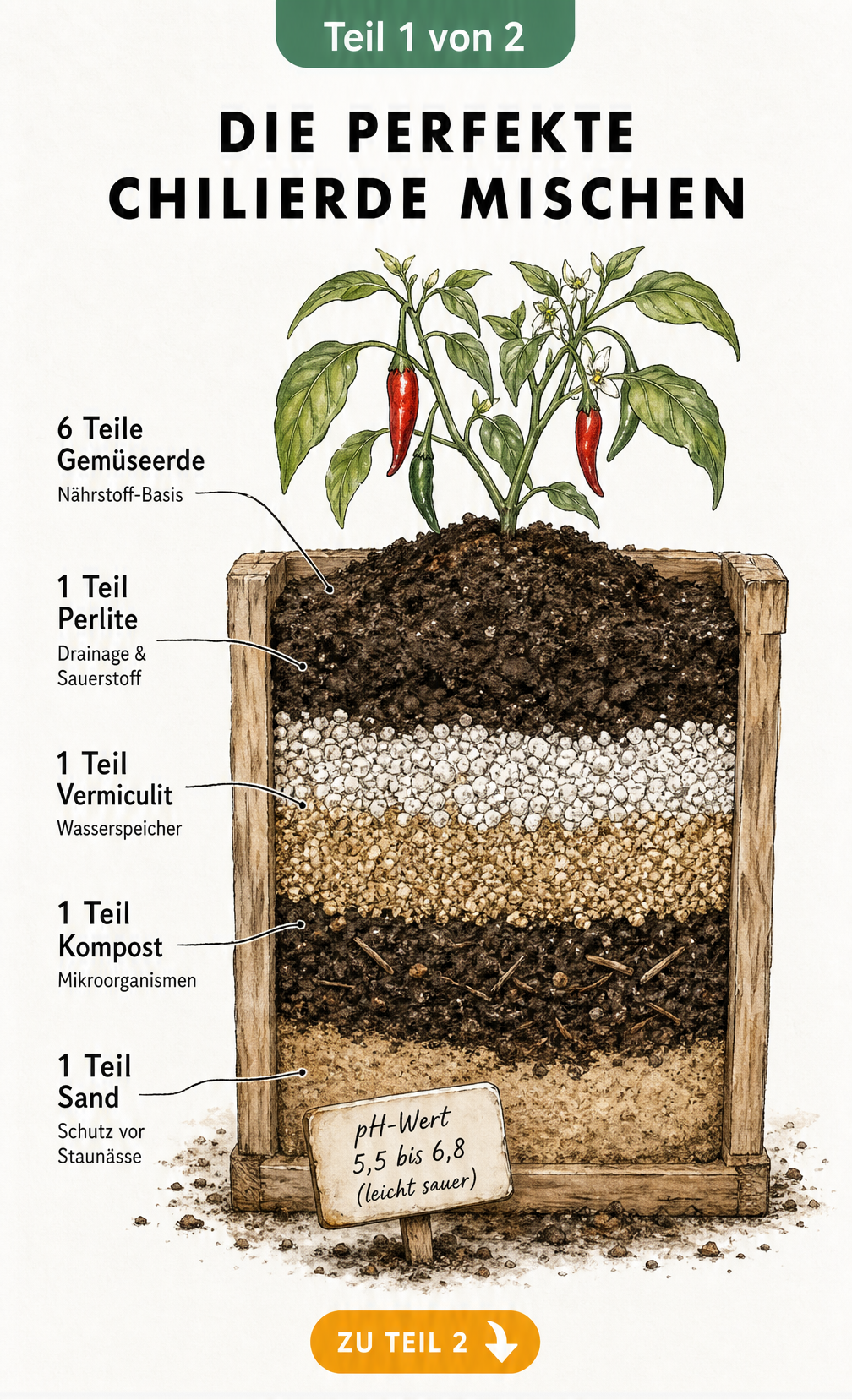 Querschnitt einer Pflanzkiste mit den idealen Bestandteilen für Chilierde wie Gemüseerde, Perlite, Vermiculit, Kompost und Sand