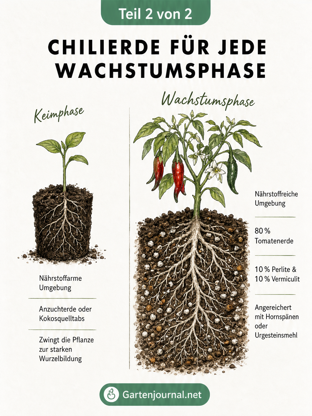 Zwei Chilipflanzen im Querschnitt, die die unterschiedlichen Erdanforderungen in der Keimphase und Wachstumsphase zeigen