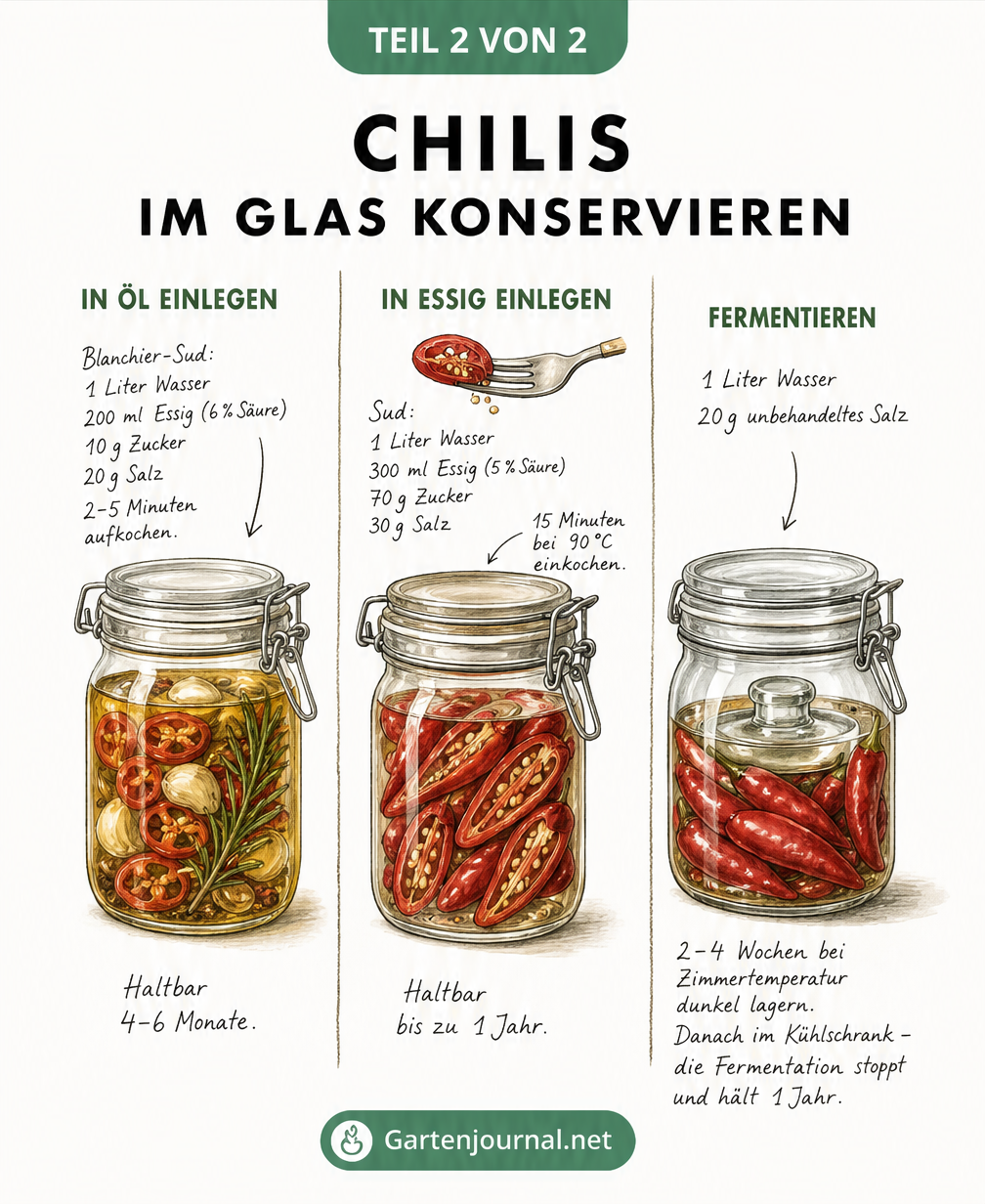 Illustration von drei Einmachgläsern mit Chilis: in Öl eingelegt, in Essig konserviert und fermentiert, inklusive Rezepturen.