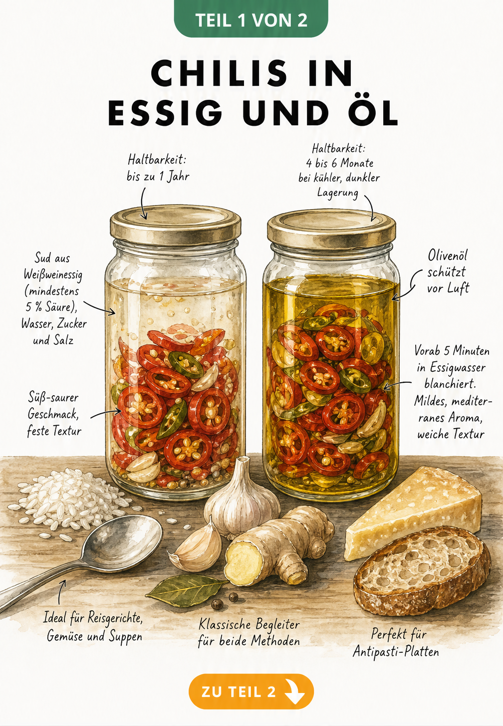 Zwei Einmachgläser mit Chilis, eines in Essig, eines in Öl, umgeben von Zutaten wie Knoblauch und Ingwer.