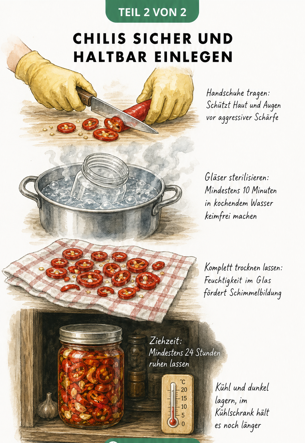 Illustration der Schritte zum Einlegen von Chilis: Handschuhe tragen, Gläser sterilisieren, Chilis trocknen und kühl lagern.