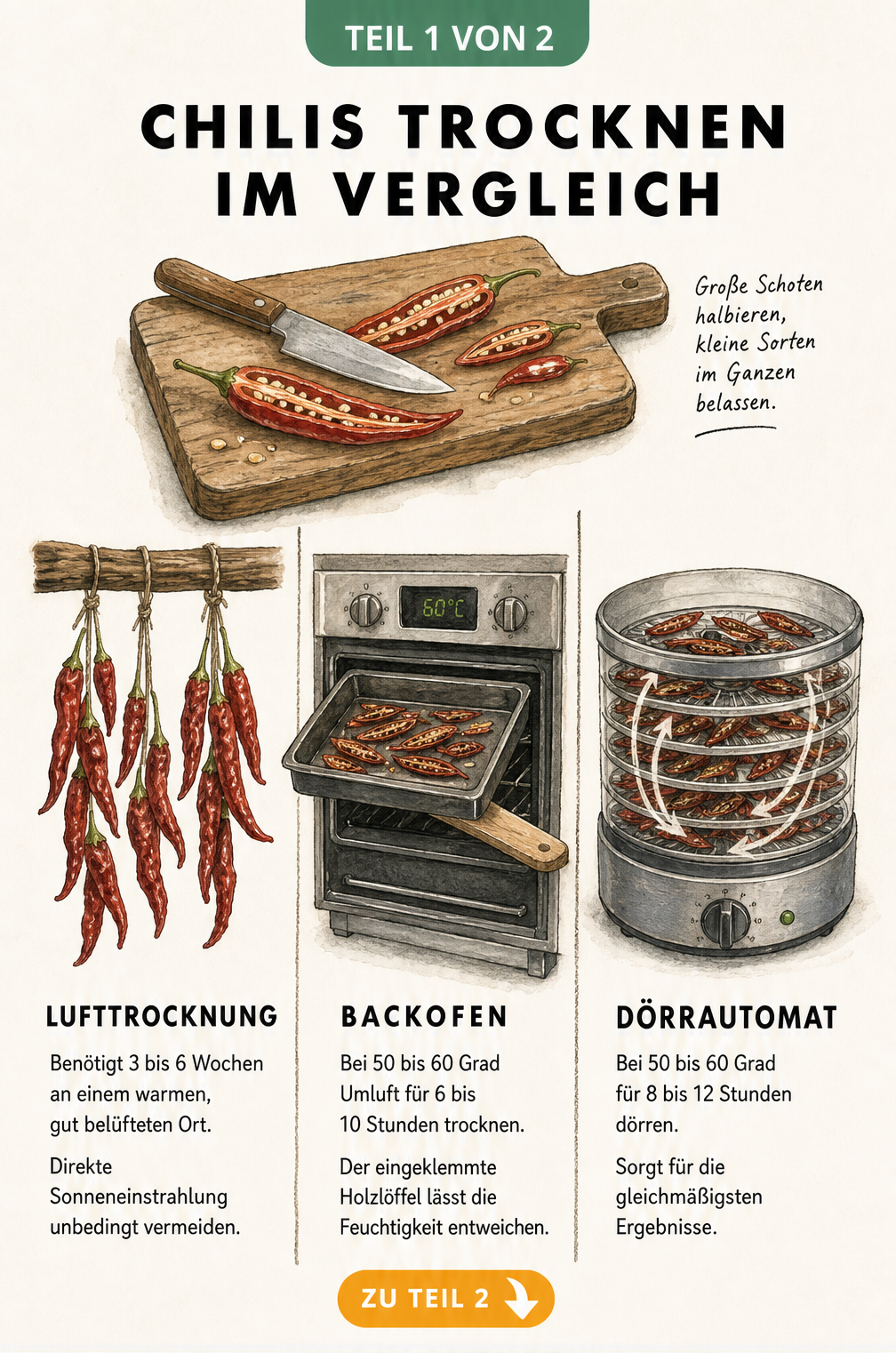 Illustration von drei Methoden zum Trocknen von Chilis: Lufttrocknung, Backofen und Dörrautomat