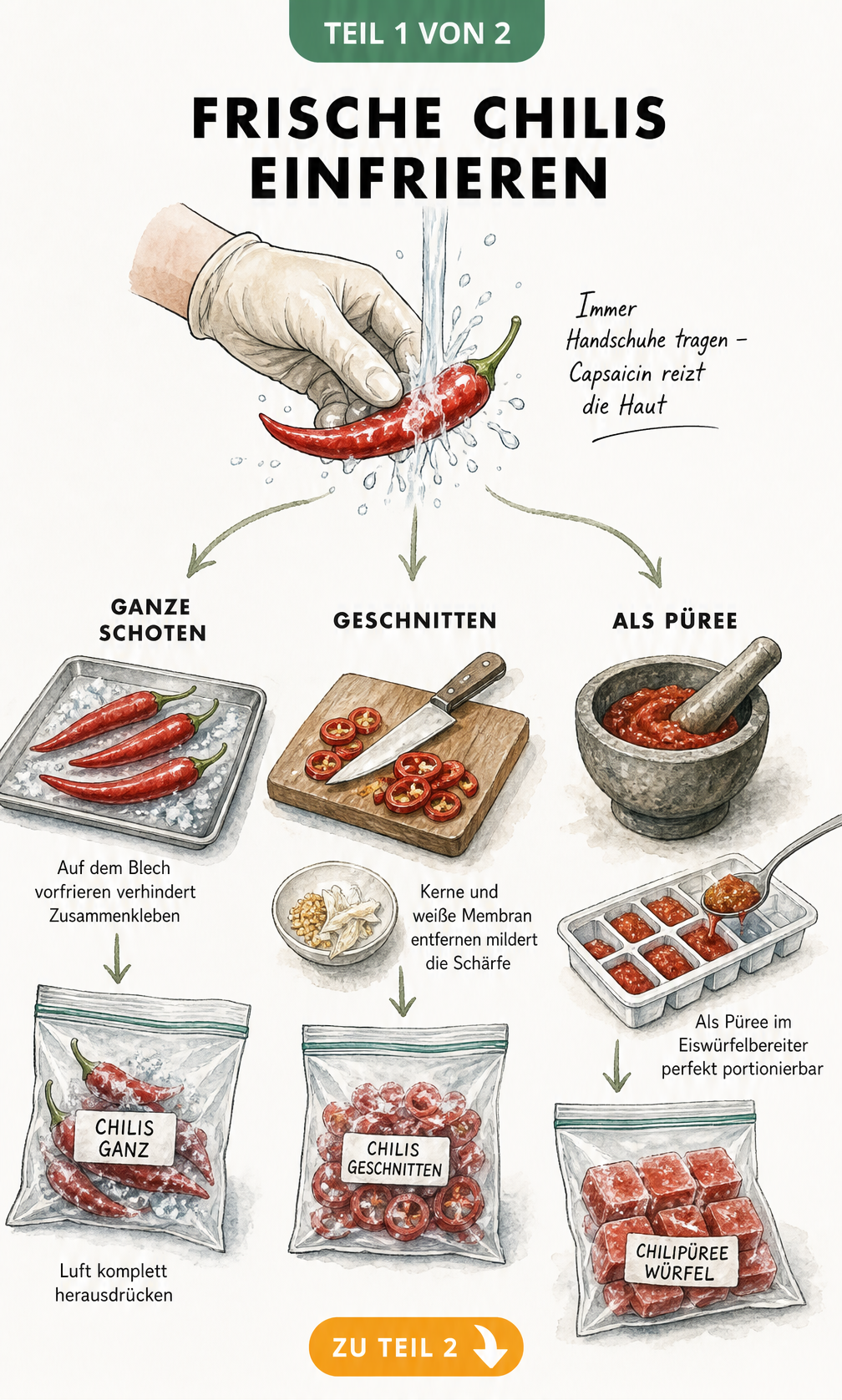Illustration zur Vorbereitung von Chilis für das Einfrieren: Waschen mit Handschuhen, Vorfrieren auf dem Blech, Entkernen und Pürieren.