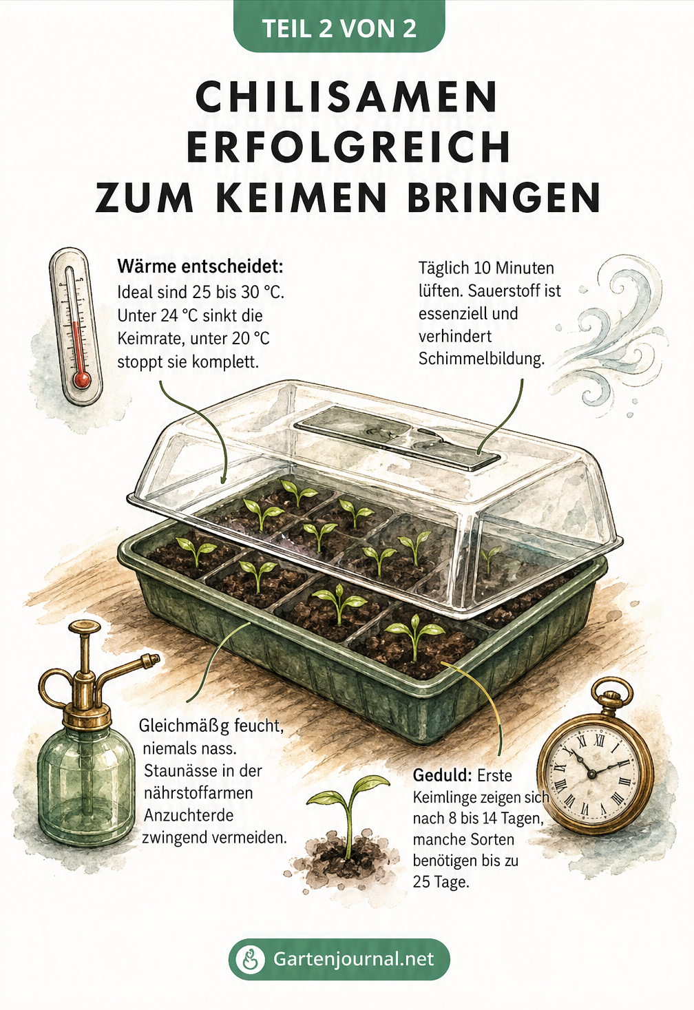 Illustration eines Zimmergewächshauses mit Hinweisen zu Temperatur, Lüftung, Feuchtigkeit und Keimdauer für Chilisamen.