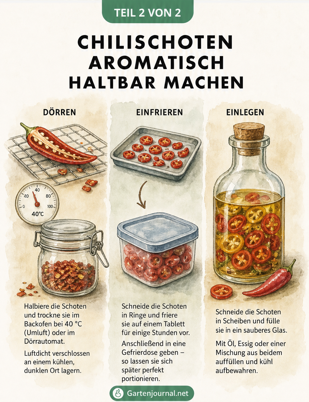 Illustration von drei Methoden zum Haltbarmachen von Chilischoten: Dörren, Einfrieren und Einlegen in Öl