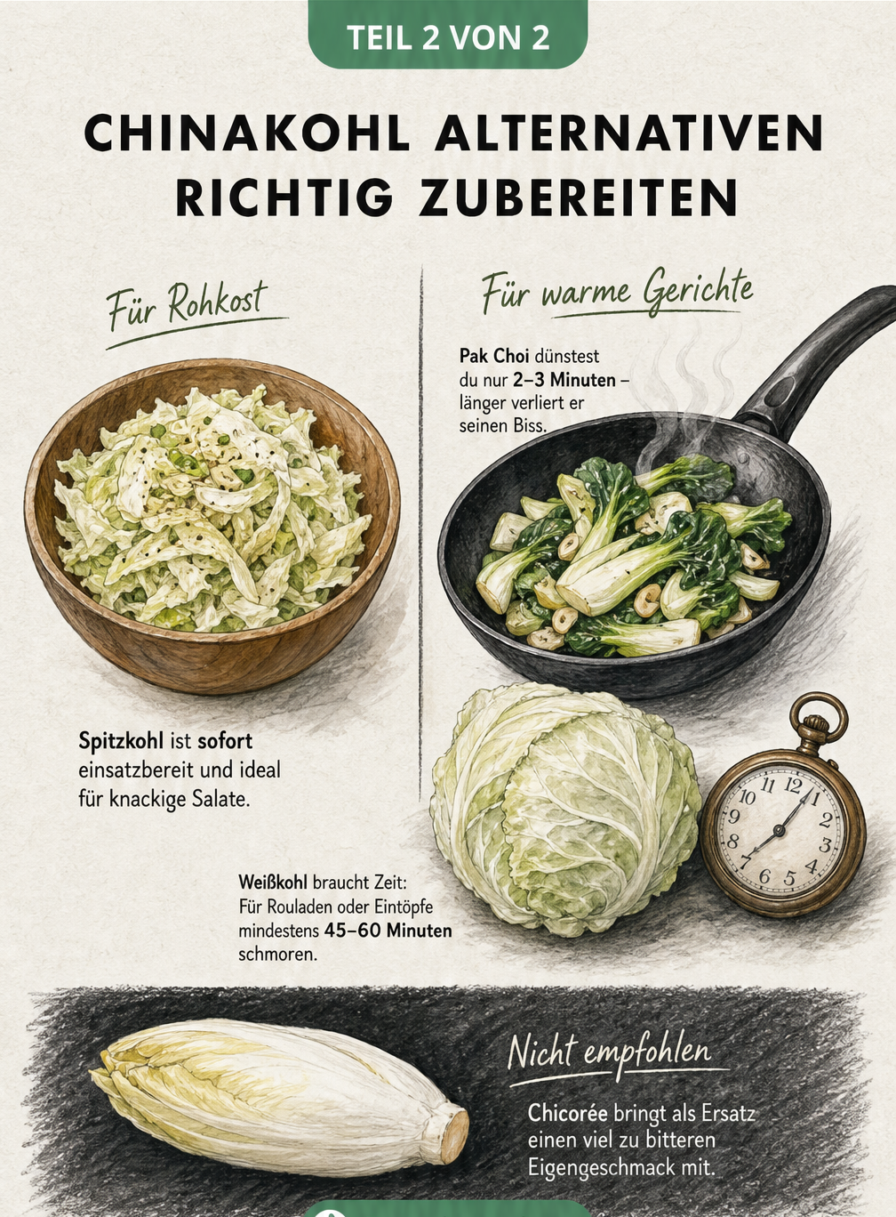 Zweigeteilte Illustration zur Zubereitung von Chinakohl-Alternativen: Spitzkohl in einer Salatschüssel für Rohkost und Pak Choi sowie Weißkohl für warme...