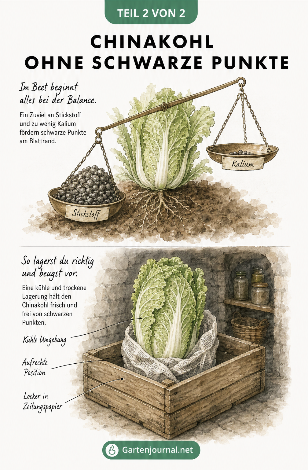 Illustration eines Chinakohls im Beet mit Nährstoffwaage (Stickstoff und Kalium) sowie eines gelagerten Chinakohls in einer Holzkiste.