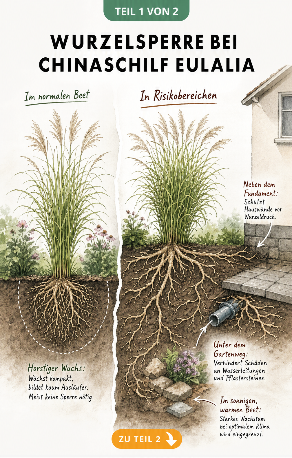 Querschnitt-Illustration eines Gartens, die zeigt, wann Chinaschilf Eulalia eine Wurzelsperre benötigt und wann nicht.
