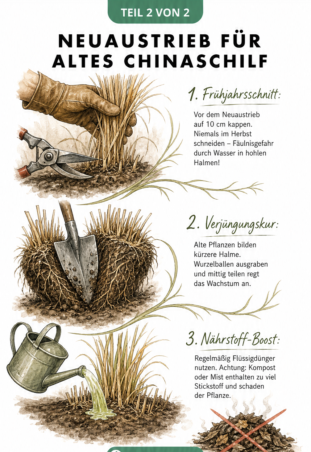 Illustration von Pflegemaßnahmen für Chinaschilf: Frühjahrsschnitt mit Gartenschere, Wurzelteilung mit Spaten und Düngung mit Gießkanne.