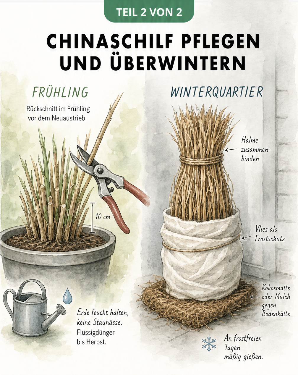 Illustration zur Pflege von Chinaschilf: Rückschnitt im Frühling und Winterschutz des Kübels