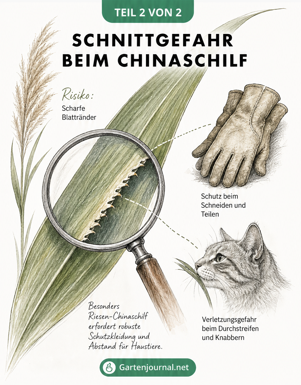 Vergrößerte Darstellung eines Chinaschilf-Blattes mit rasiermesserscharfen Sägezahn-Rändern sowie Skizzen von Schutzhandschuhen und einer Katze.