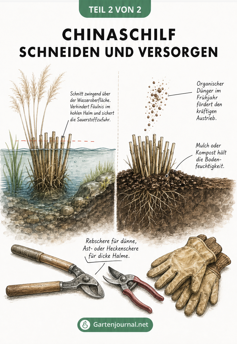 Querschnitt von Chinaschilf im Gartenteich und im Beet mit Tipps zur Pflege und den passenden Werkzeugen