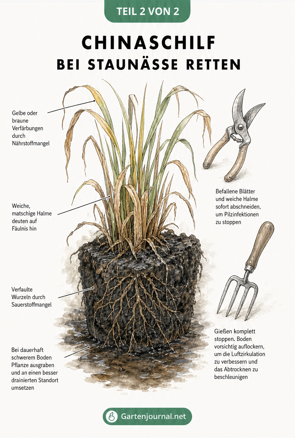 Illustration eines kränkelnden Chinaschilfs mit gelben Blättern und verfaulten Wurzeln sowie Tipps zur Rettung
