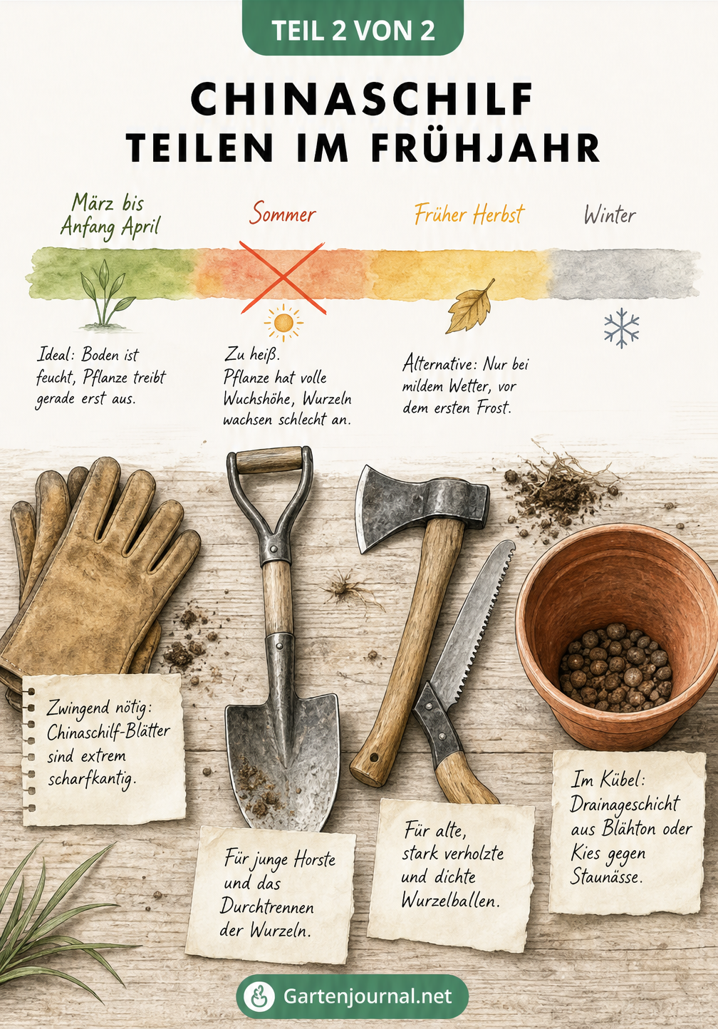 Illustration: Der beste Zeitpunkt zum Chinaschilf teilen im Frühjahr und das benötigte Werkzeug wie Spaten und Handschuhe