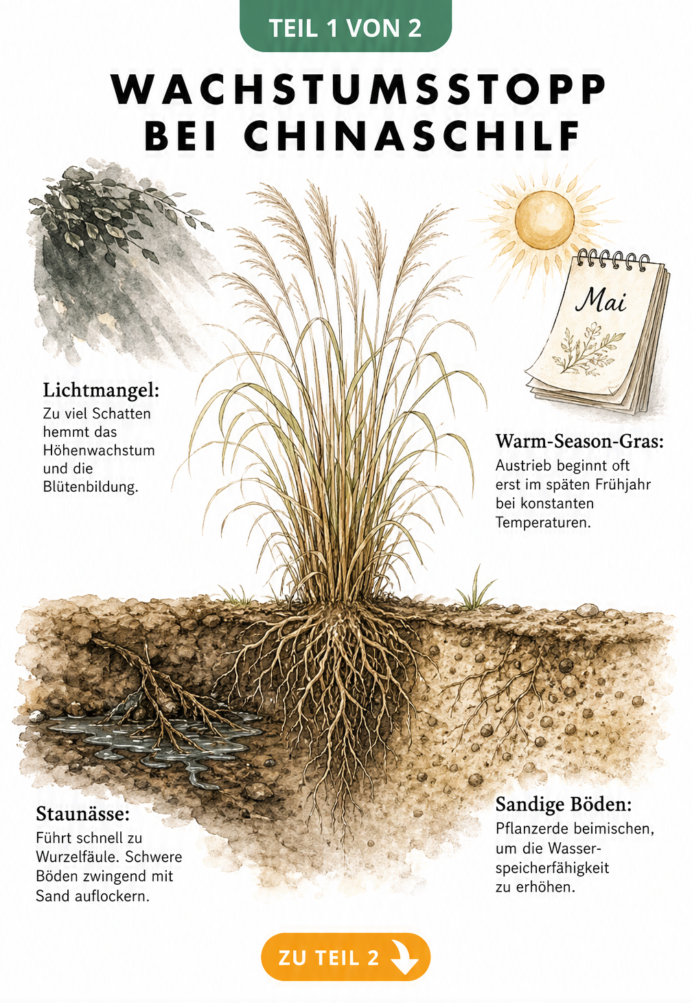 Botanische Illustration eines blassen Chinaschilfs mit Wurzelballen, die Ursachen für Wachstumsstopp wie Staunässe, Lichtmangel und späten Austrieb zeigt.