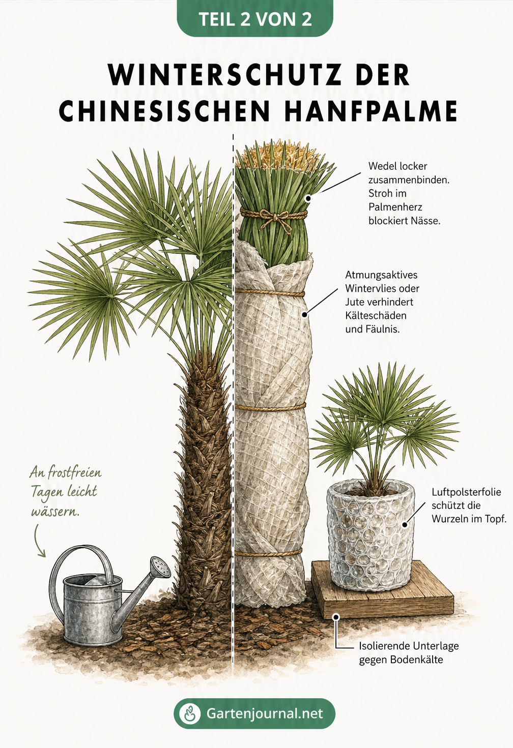 Illustration einer Chinesischen Hanfpalme, links ungeschützt, rechts mit zusammengebundenen Wedeln, Stroh im Palmenherz und Wintervlies um den Stamm, sowie...