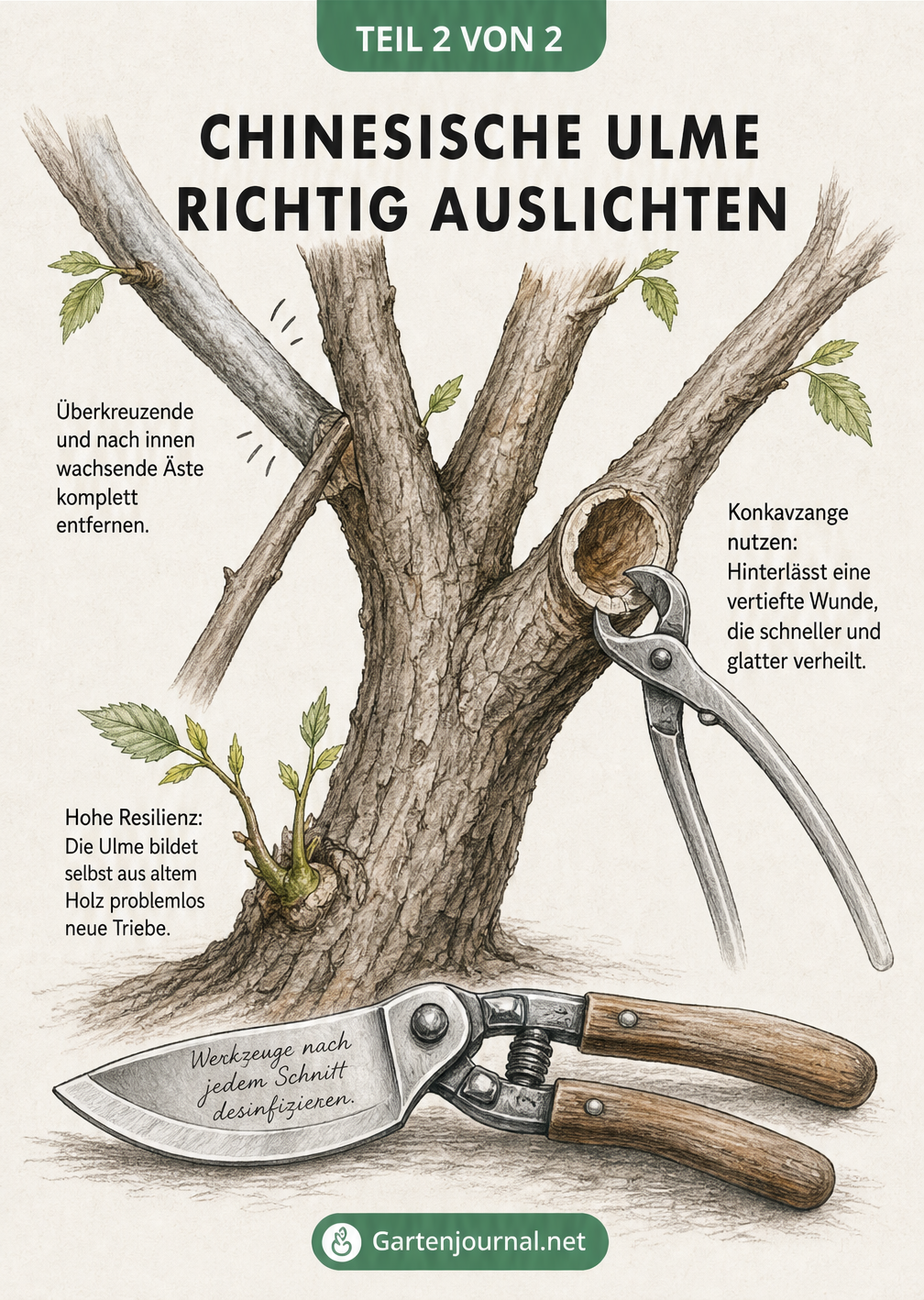 Skizze einer Astgabelung der Chinesischen Ulme, die das Entfernen reibender Äste und den Einsatz einer Konkavzange demonstriert.