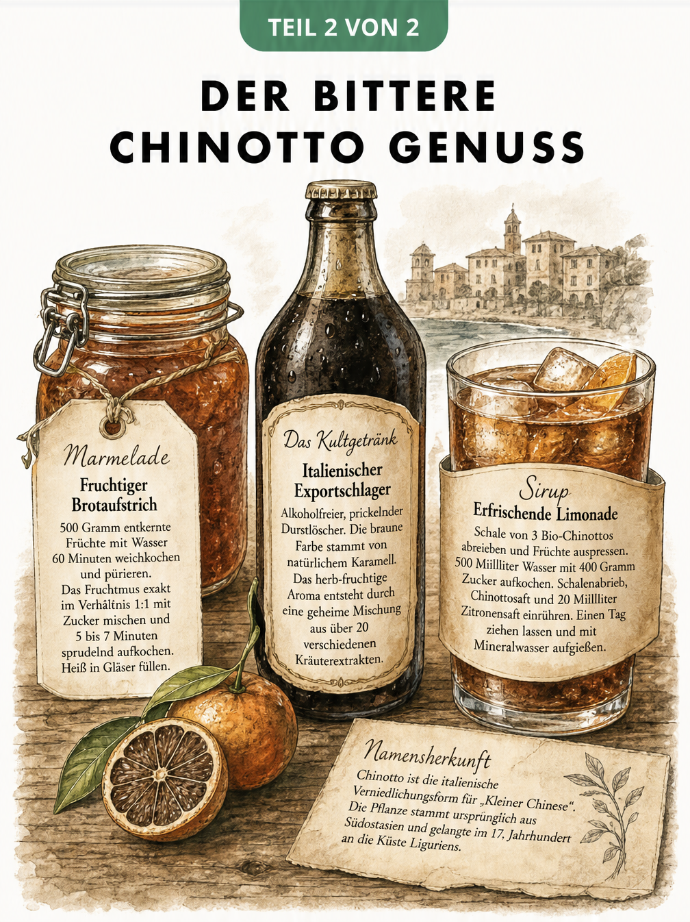 Illustration von Chinotto-Produkten: dunkle Flasche mit Limonade, Einmachglas mit Marmelade und frische Früchte