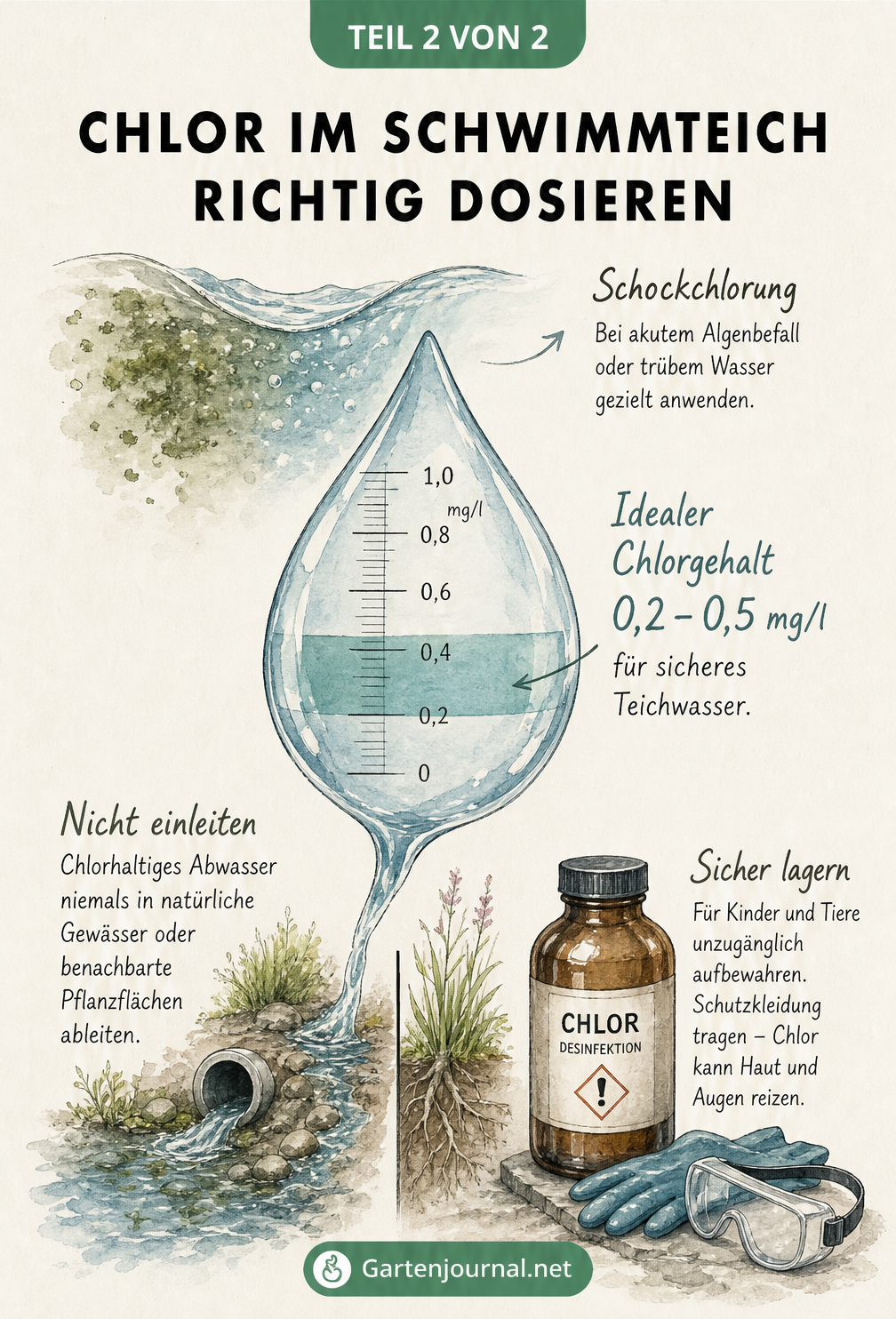 Illustration eines Wassertropfens mit Messskala für den idealen Chlorgehalt von 0,2 bis 0,5 mg/l im Schwimmteich