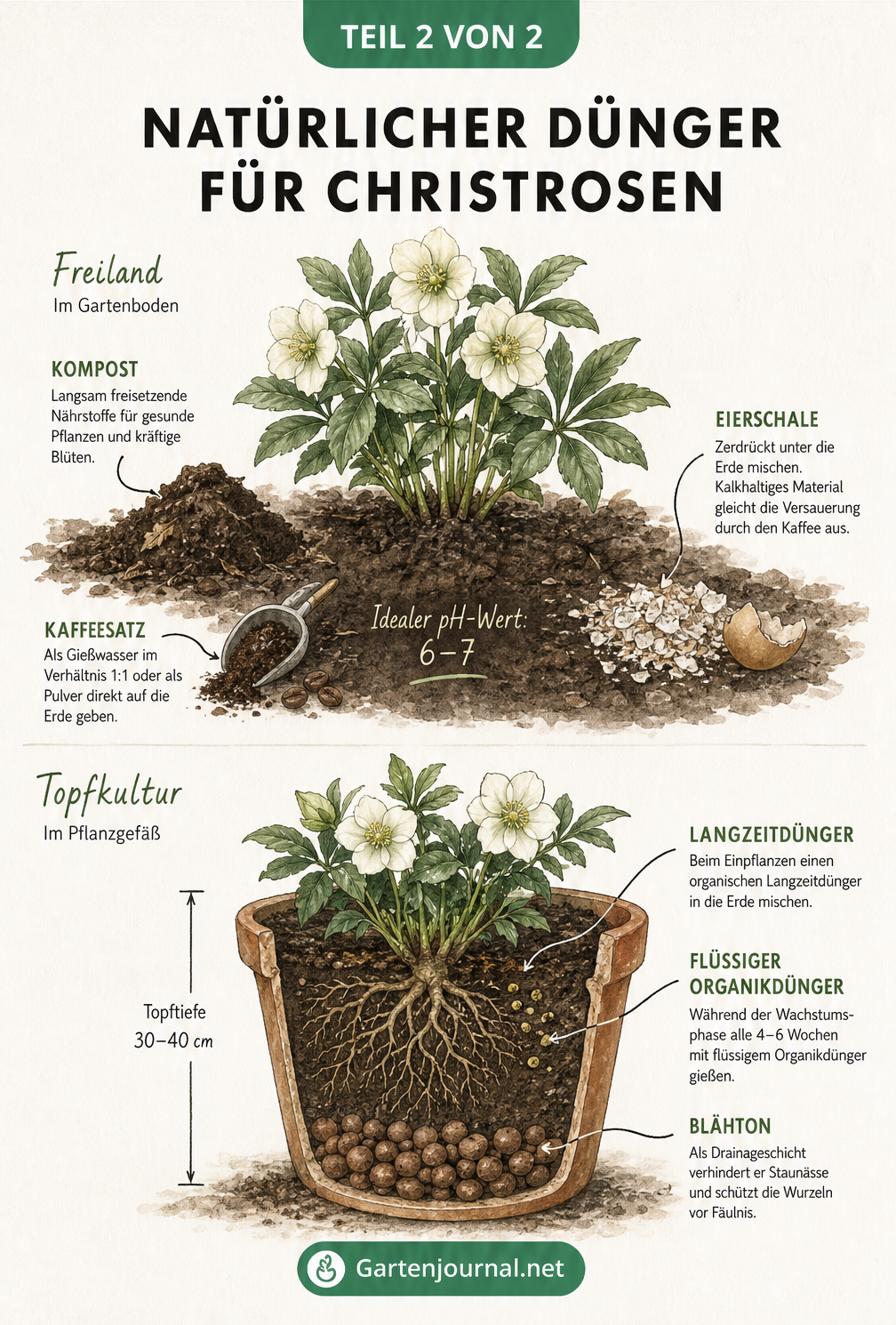 Illustration zur Nährstoffversorgung von Christrosen im Freiland und im Topf mit organischen Düngern wie Kompost, Kaffeesatz und Eierschalen.