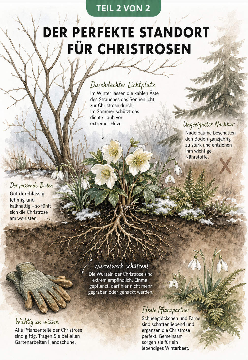 Querschnitt eines Gartenbeets mit einer blühenden Christrose unter einem laubabwerfenden Strauch, inklusive Hinweisen zu Boden, Licht und Pflanzpartnern.