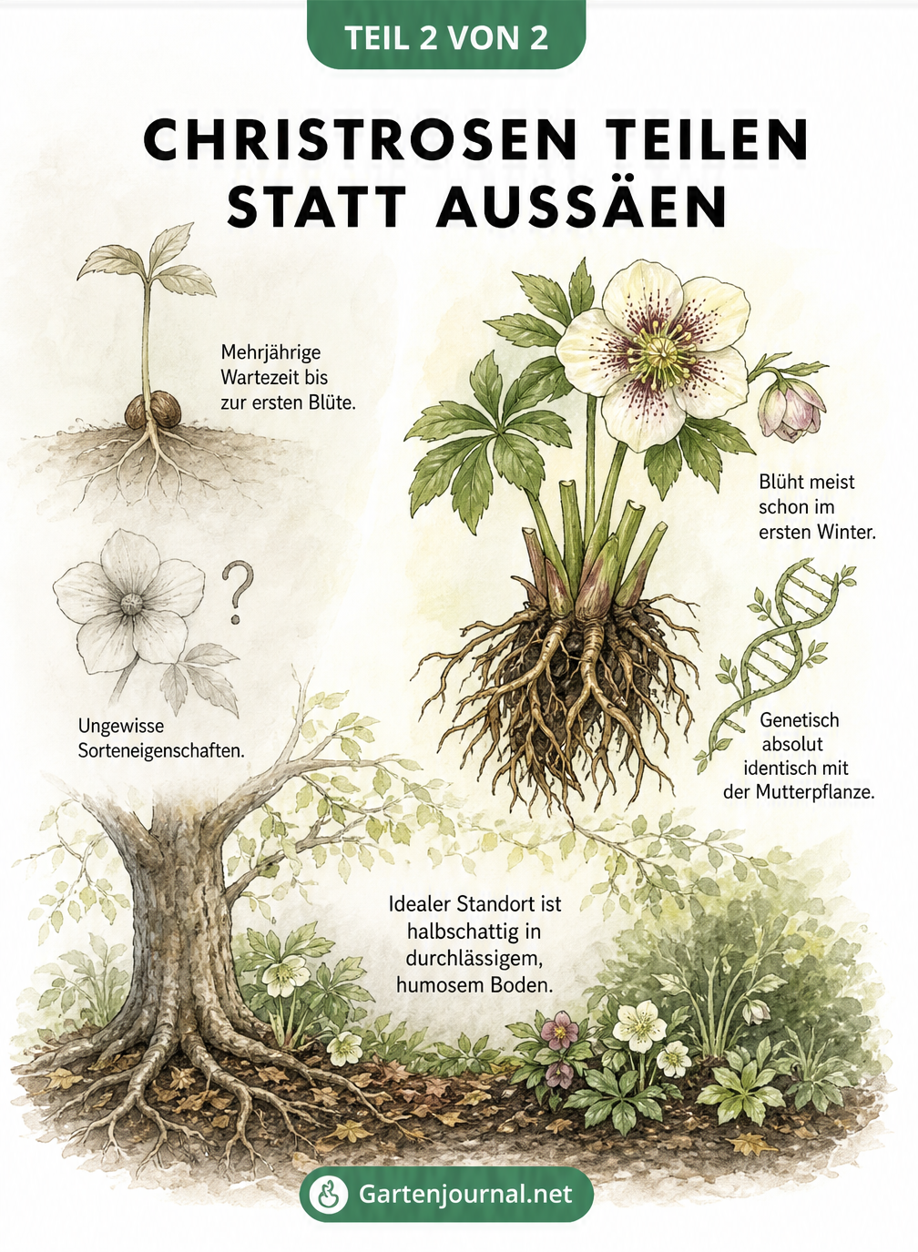 Vergleich zwischen der Aussaat und der Teilung von Christrosen mit Keimling und blühender Pflanze