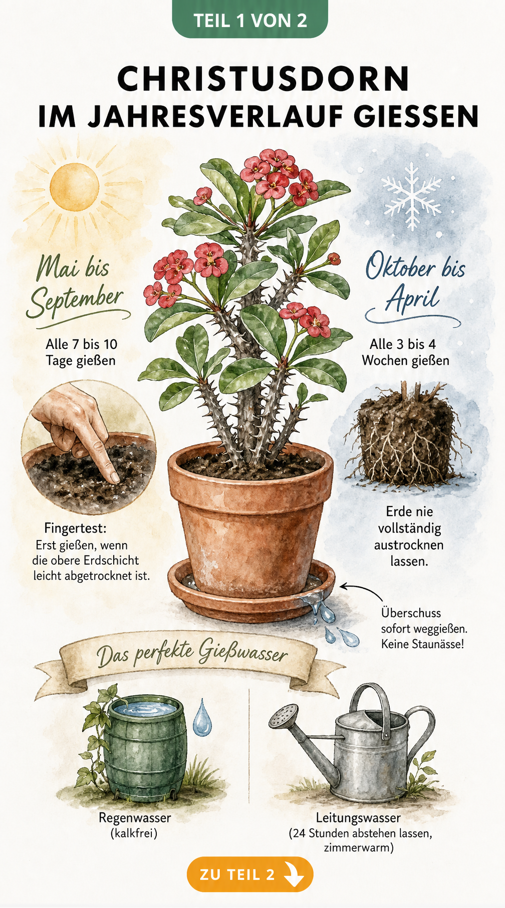 Illustration eines Christusdorns im Topf mit Gießanleitung für Sommer und Winter sowie Tipps zum Gießwasser