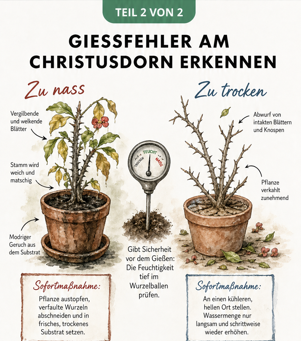 Vergleich zweier Christusdorn-Pflanzen mit Symptomen für zu viel und zu wenig Wasser sowie Erste-Hilfe-Tipps