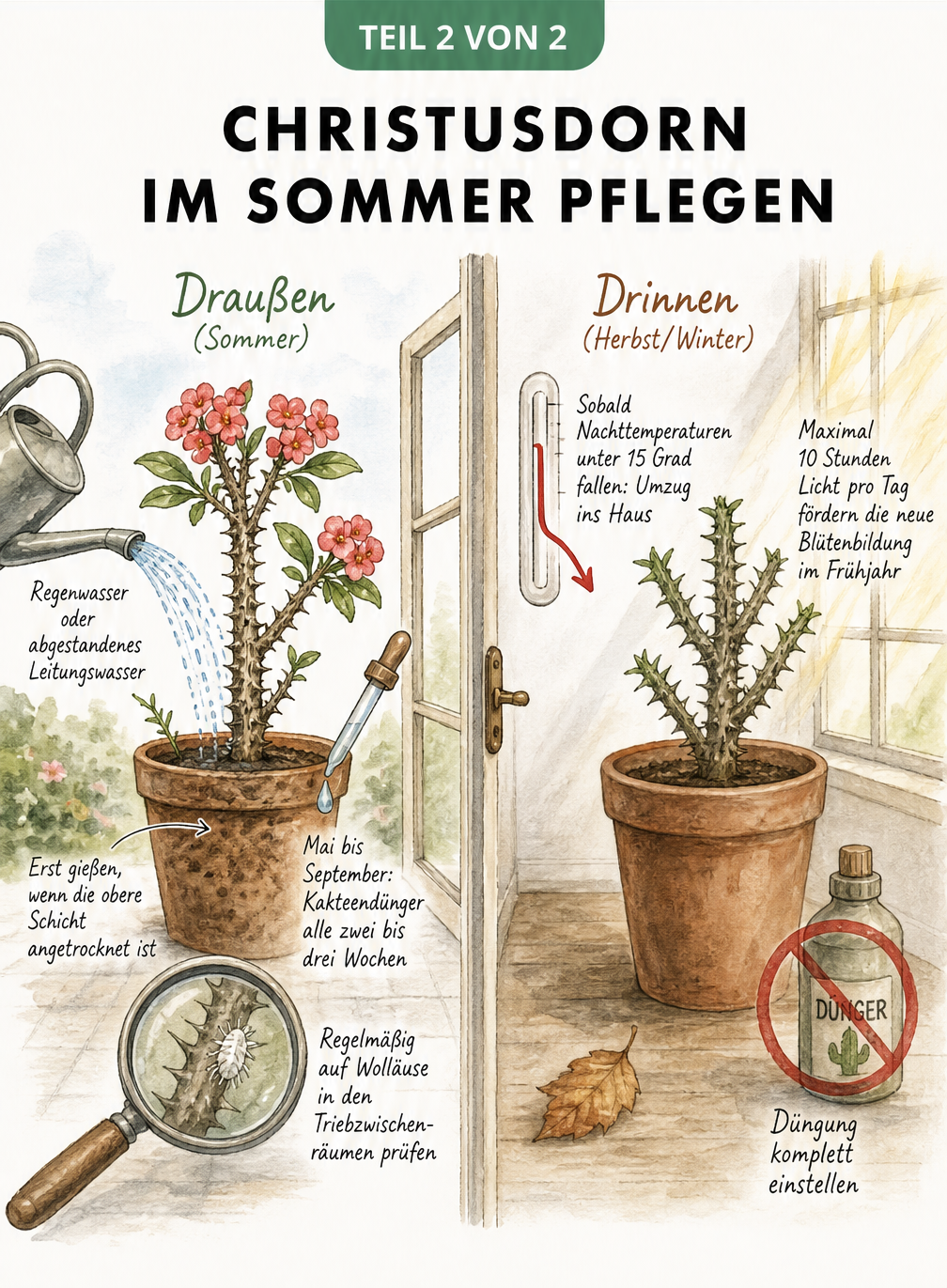 Zweigeteilte Illustration zur Pflege des Christusdorns: Sommerpflege draußen mit Gießen und Düngen sowie Herbstpflege drinnen ohne Dünger