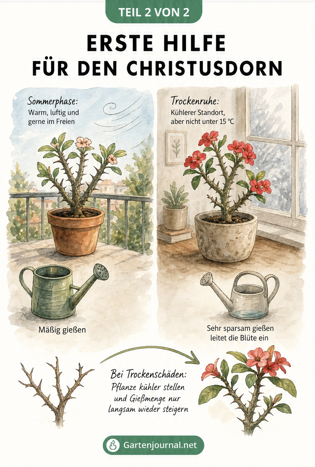 Zweigeteilte Illustration zur Pflege des Christusdorns im Sommer und während der Trockenruhe mit Tipps zur Rettung