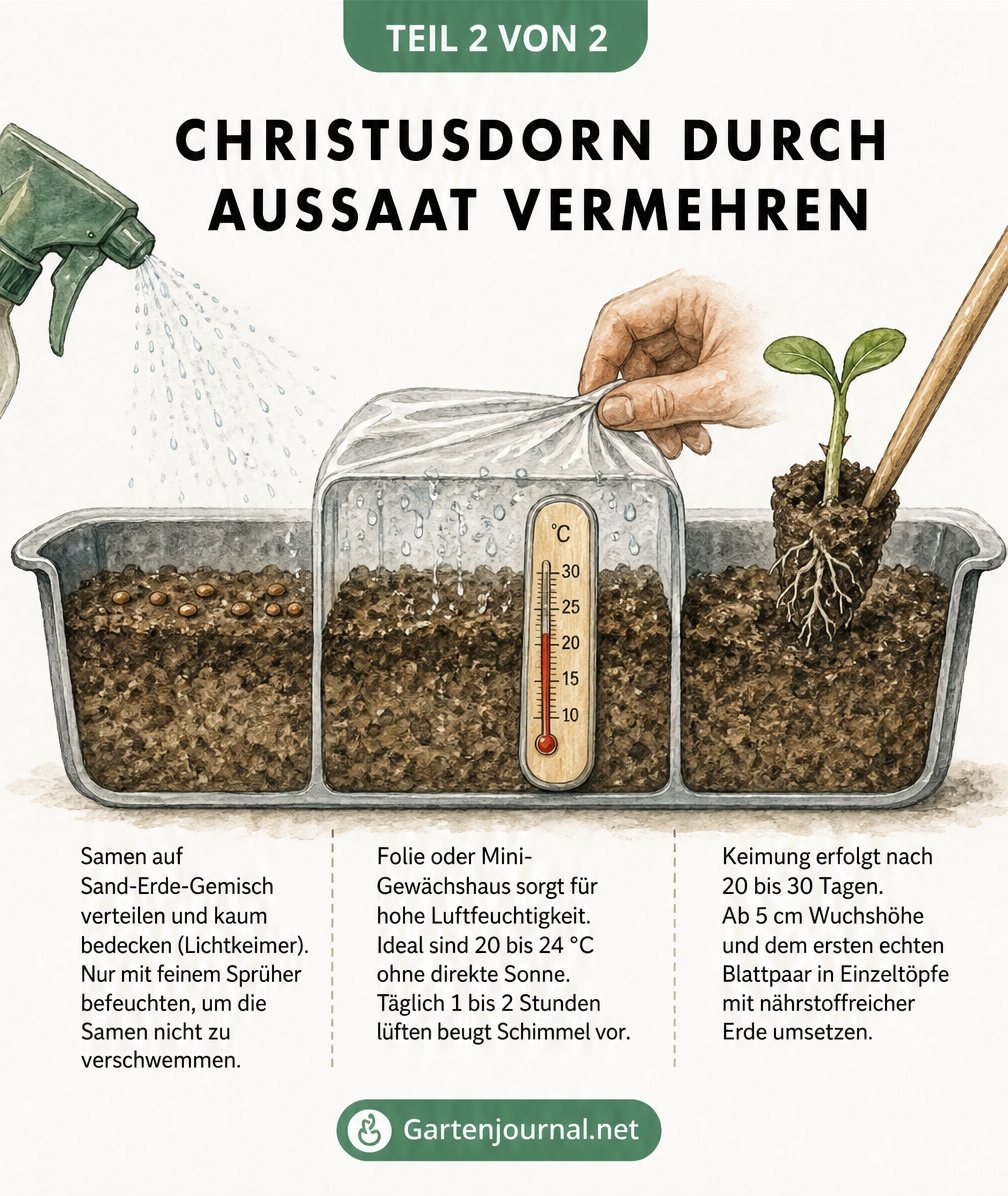 Querschnitt-Zeichnung zeigt die Aussaat von Christusdorn-Samen, das Abdecken mit Folie und das Pikieren der Keimlinge