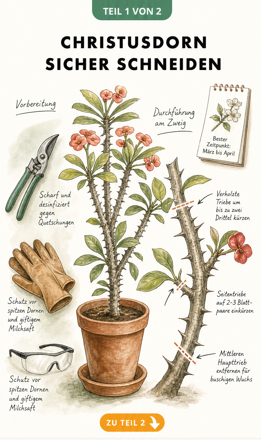 Botanische Illustration eines Christusdorns mit Gartenschere, Schutzhandschuhen und Markierungen für den richtigen Schnitt