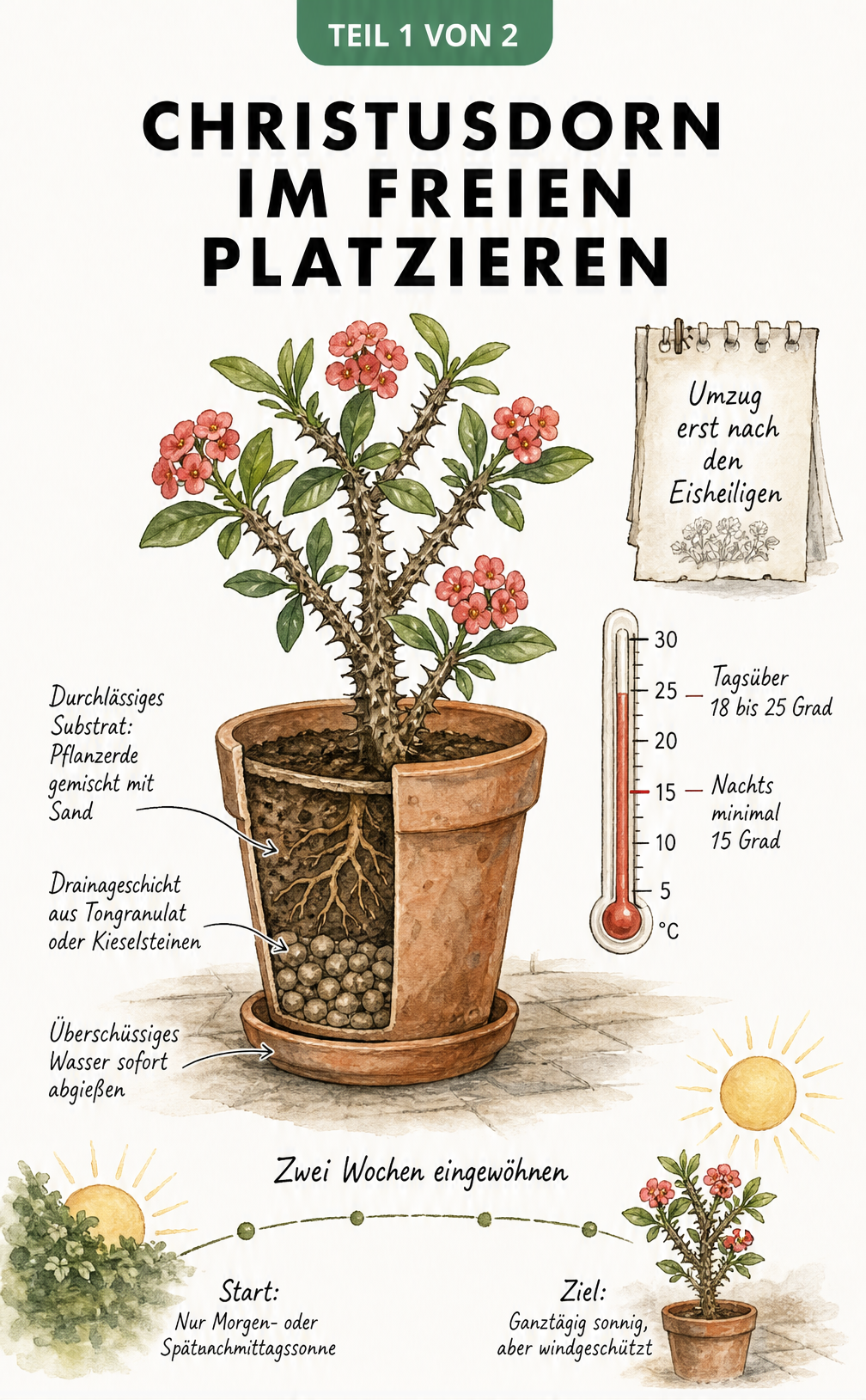 Illustration eines Christusdorns im Topf mit Schnittbild der Drainageschicht, Thermometer und Zeitstrahl zur Eingewöhnung im Freien