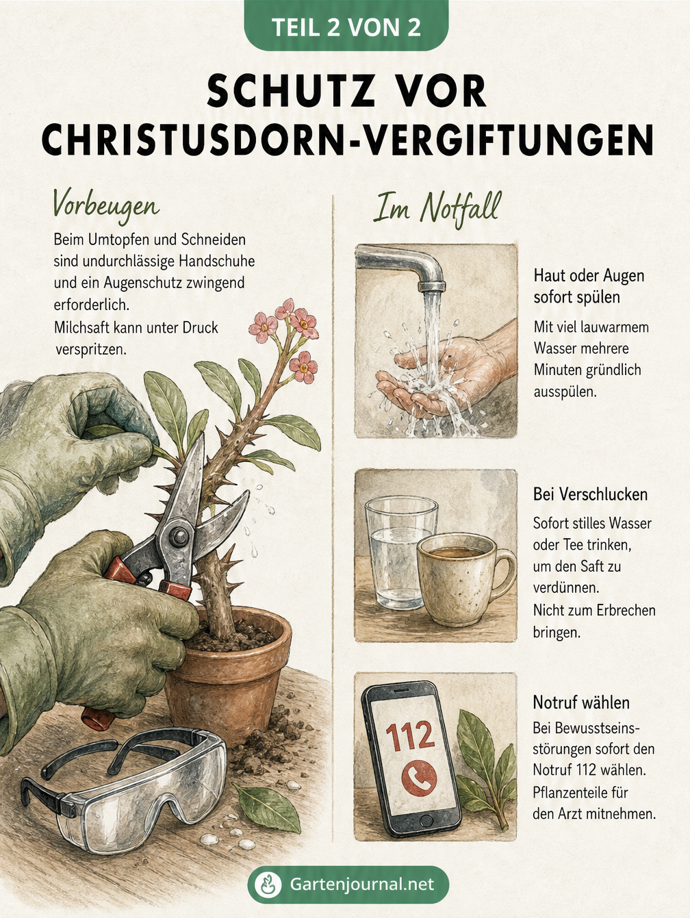 Illustration von Schutzmaßnahmen beim Schneiden eines Christusdorns und Erste-Hilfe-Schritten wie Spülen mit Wasser und Notruf wählen.