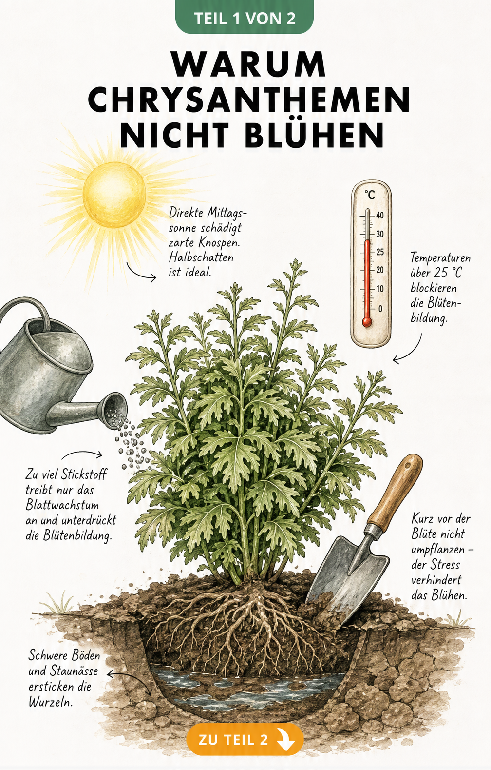 Illustration einer Chrysantheme ohne Blüten, die Ursachen wie direkte Mittagssonne, Temperaturen über 25 Grad, zu viel Stickstoff und Staunässe zeigt.