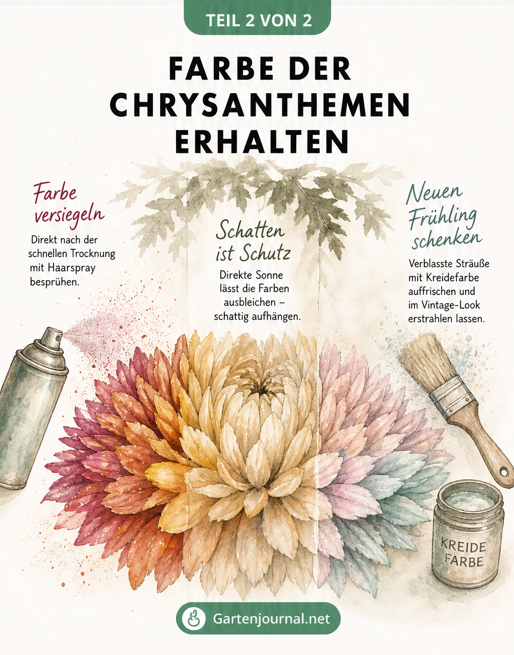 Aquarell-Zeichnung einer Chrysanthemen-Blüte, die Methoden zur Farberhaltung wie Haarspray, Schatten und Kreidefarbe zeigt