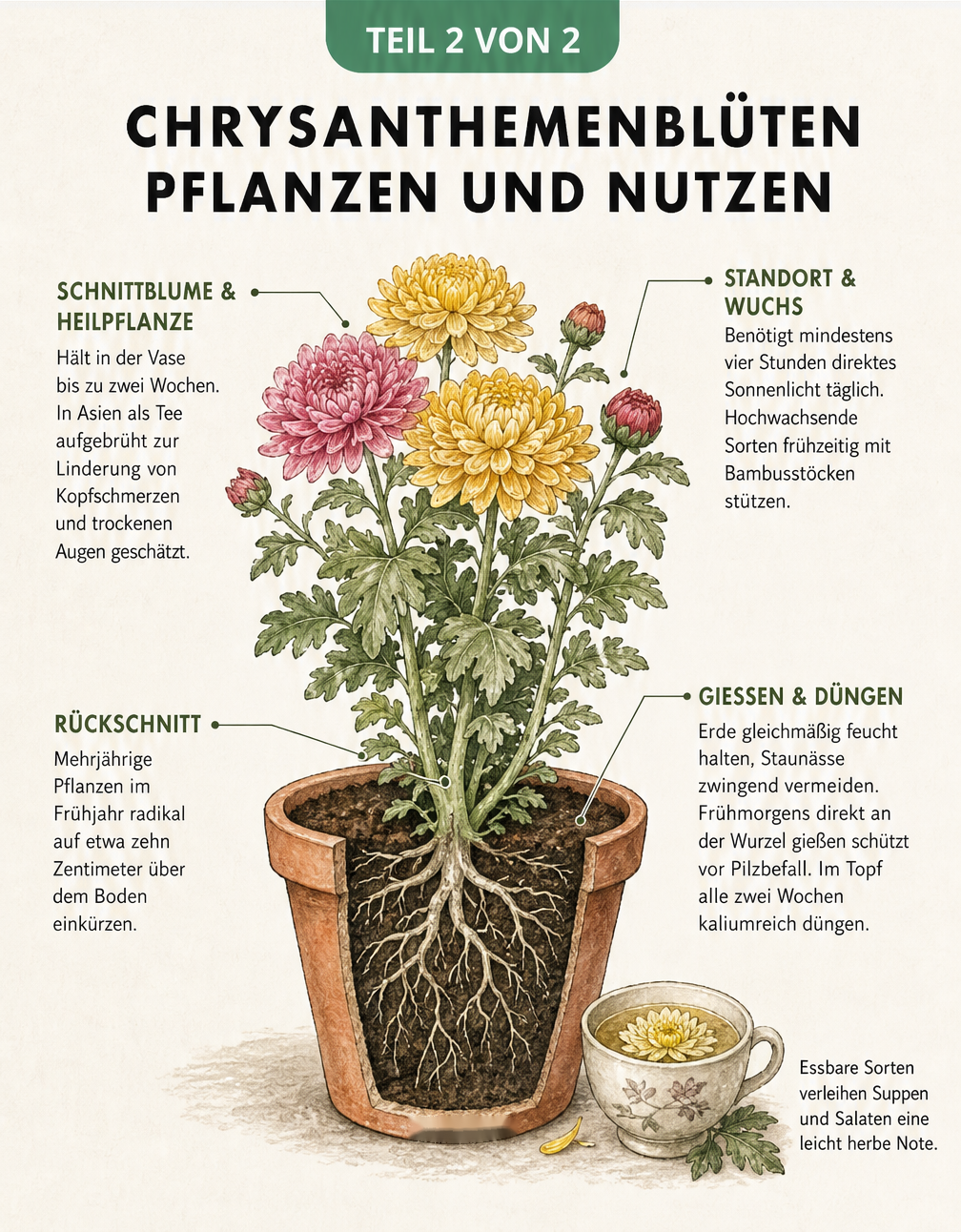Illustration einer Chrysantheme im Querschnitt mit Tipps zu Standort, Pflege, Rückschnitt und Verwendung