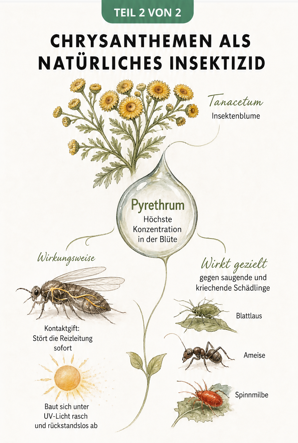 Illustration der Chrysanthemen-Art Tanacetum und der Wirkungsweise des natürlichen Insektizids Pyrethrum