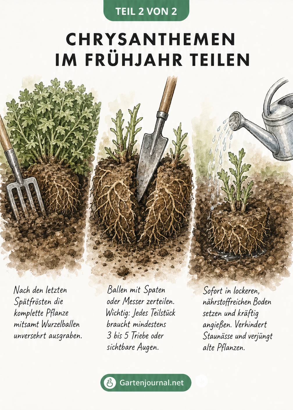 Botanische Skizze eines Chrysanthemen-Stecklings mit Markierungen zum richtigen Schnitt und Entfernen der unteren Blätter.