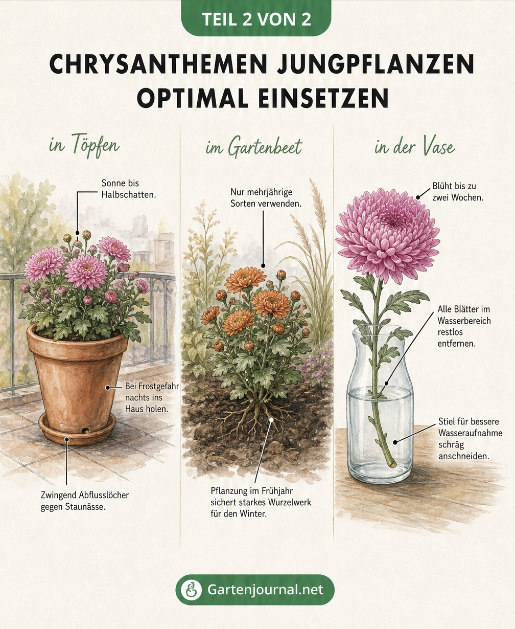 Illustration zur optimalen Verwendung von Chrysanthemen in Topf, Gartenbeet und Vase mit Pflegetipps