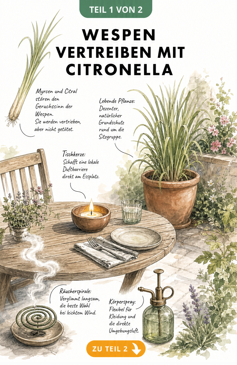 Aquarell-Illustration einer Terrasse mit Citronella-Kerze, Räucherspirale, Zitronengras-Pflanze und Körperspray zur Wespenabwehr