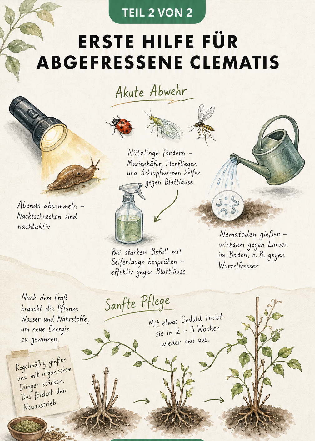 Aquarell-Illustration zur Ersten Hilfe bei abgefressenen Clematis mit Tipps zur Schädlingsabwehr durch Nützlinge und zur Pflege für den Neuaustrieb.